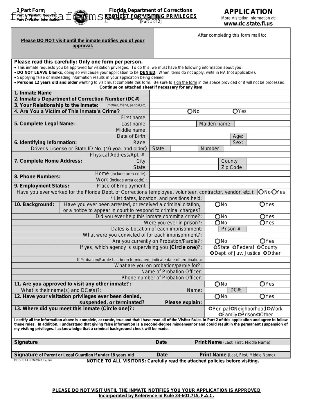 Fill Out a Valid Department Of Corrections Visitation Florida Template