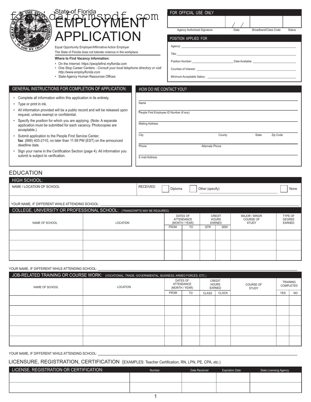 Fill Out a Valid Employment Application Florida Template