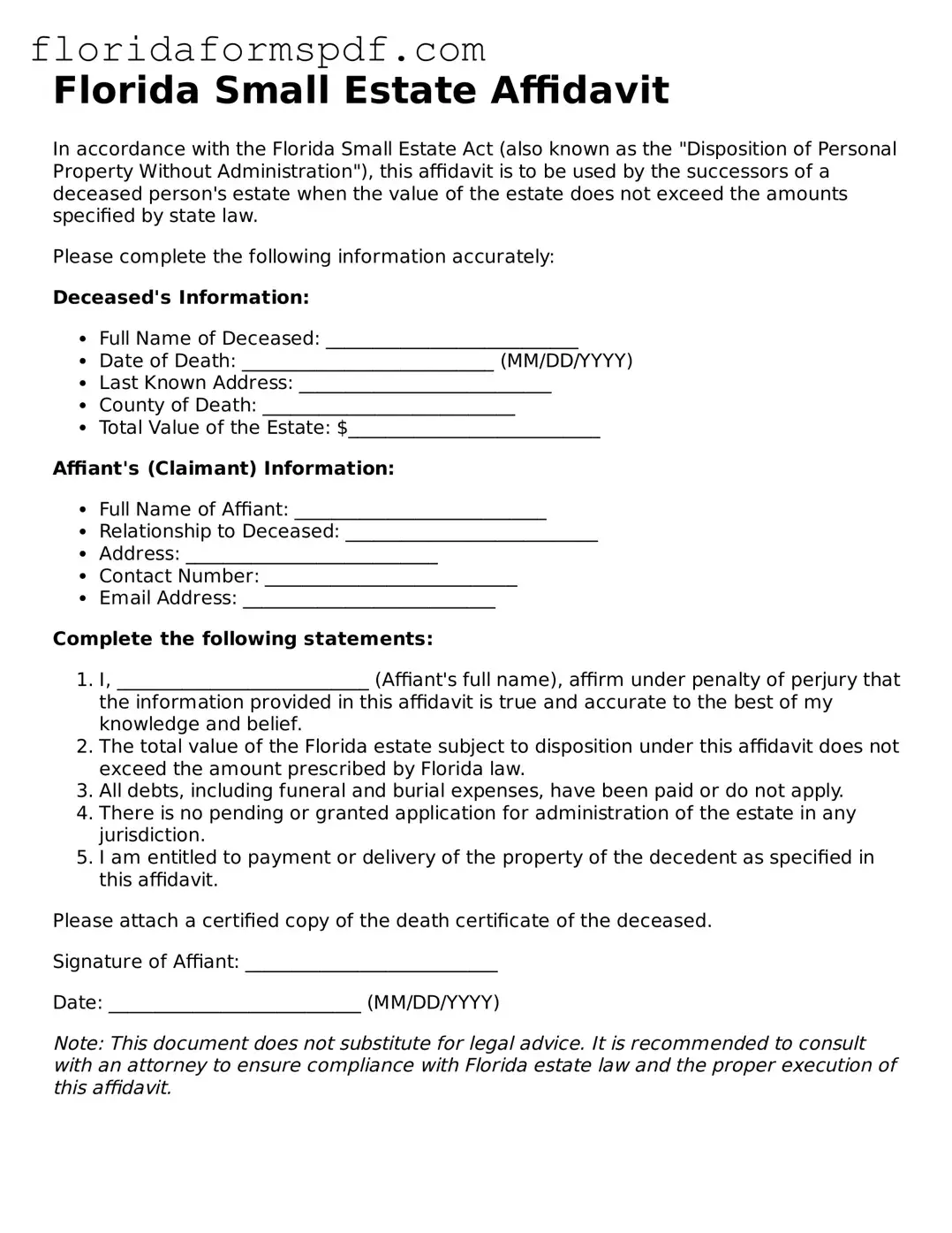 Free  Small Estate Affidavit Template for Florida