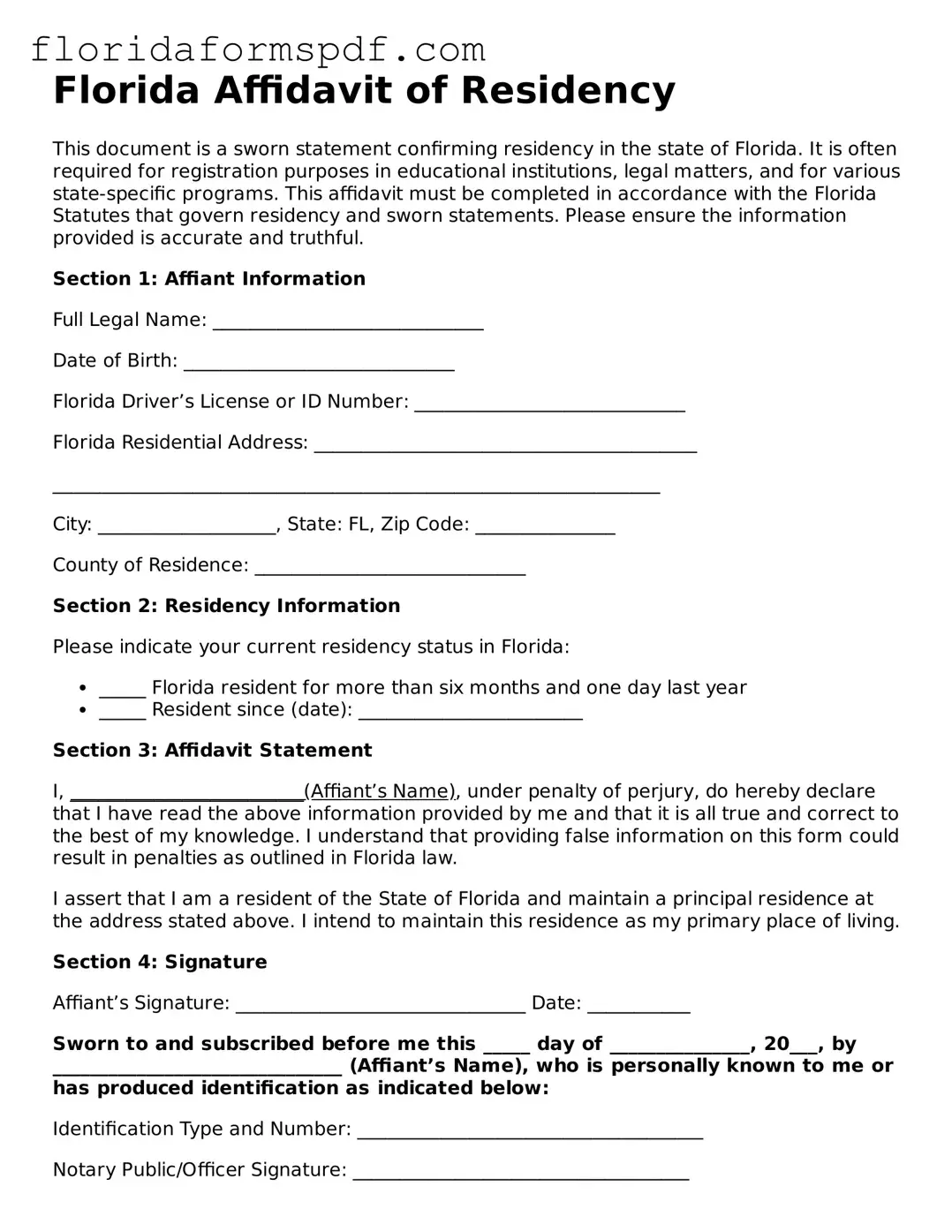 Free  Affidavit of Residency Template for Florida