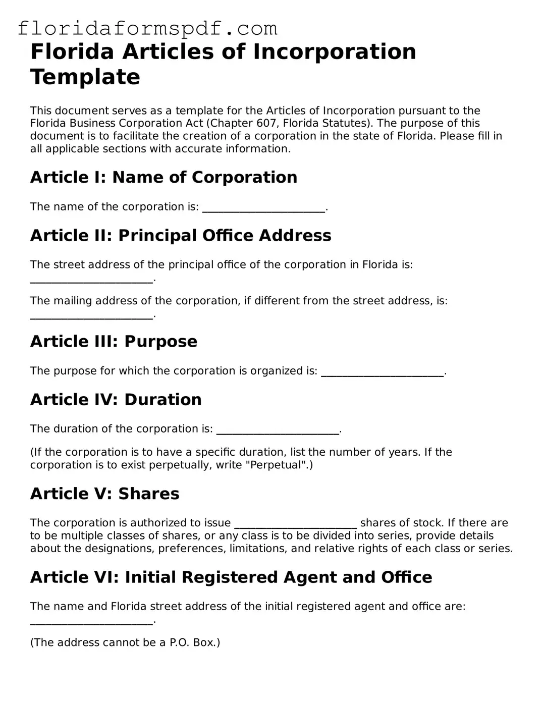 Free  Articles of Incorporation Template for Florida