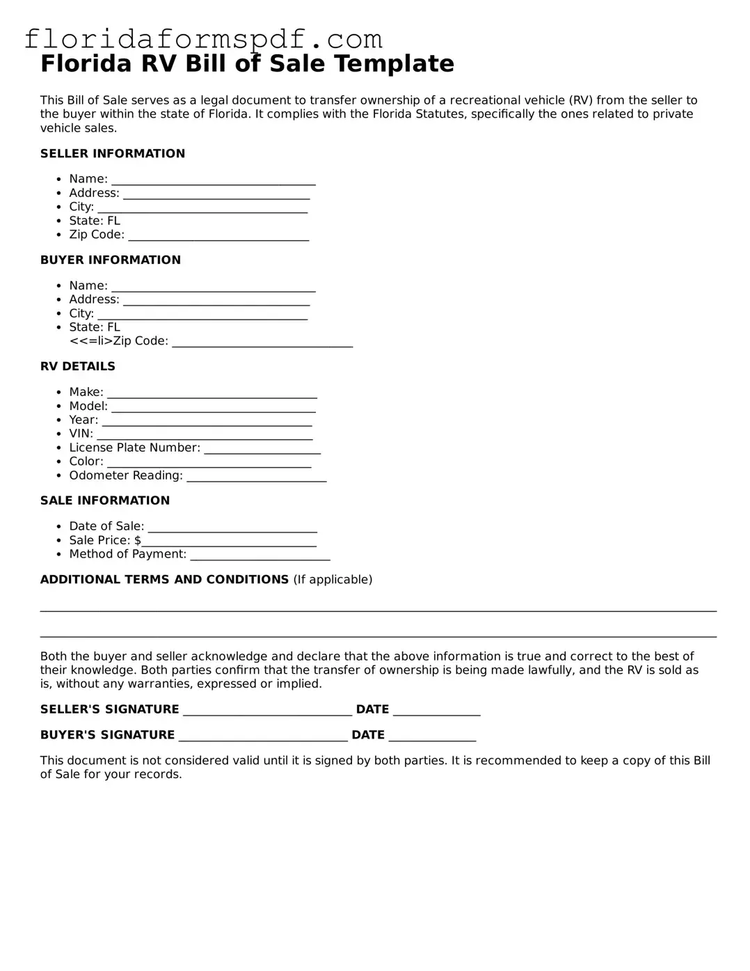 Free  RV Bill of Sale Template for Florida