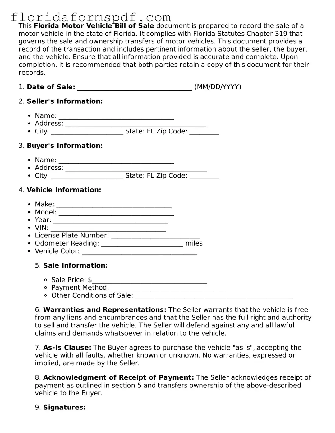 Free  Motor Vehicle Bill of Sale Template for Florida