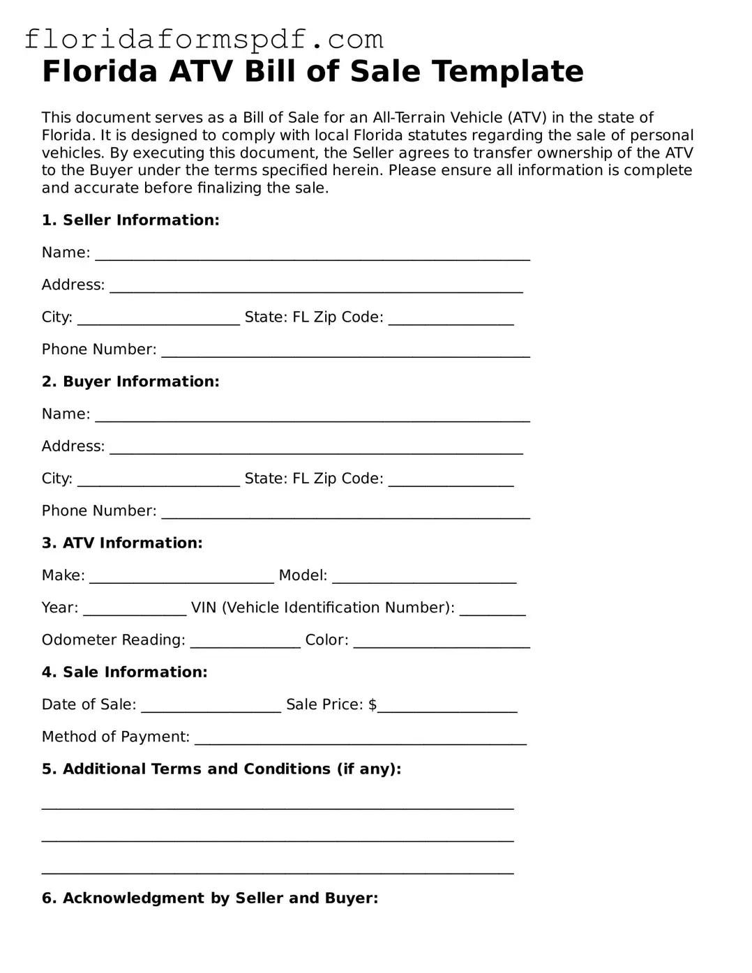 Free  ATV Bill of Sale Template for Florida
