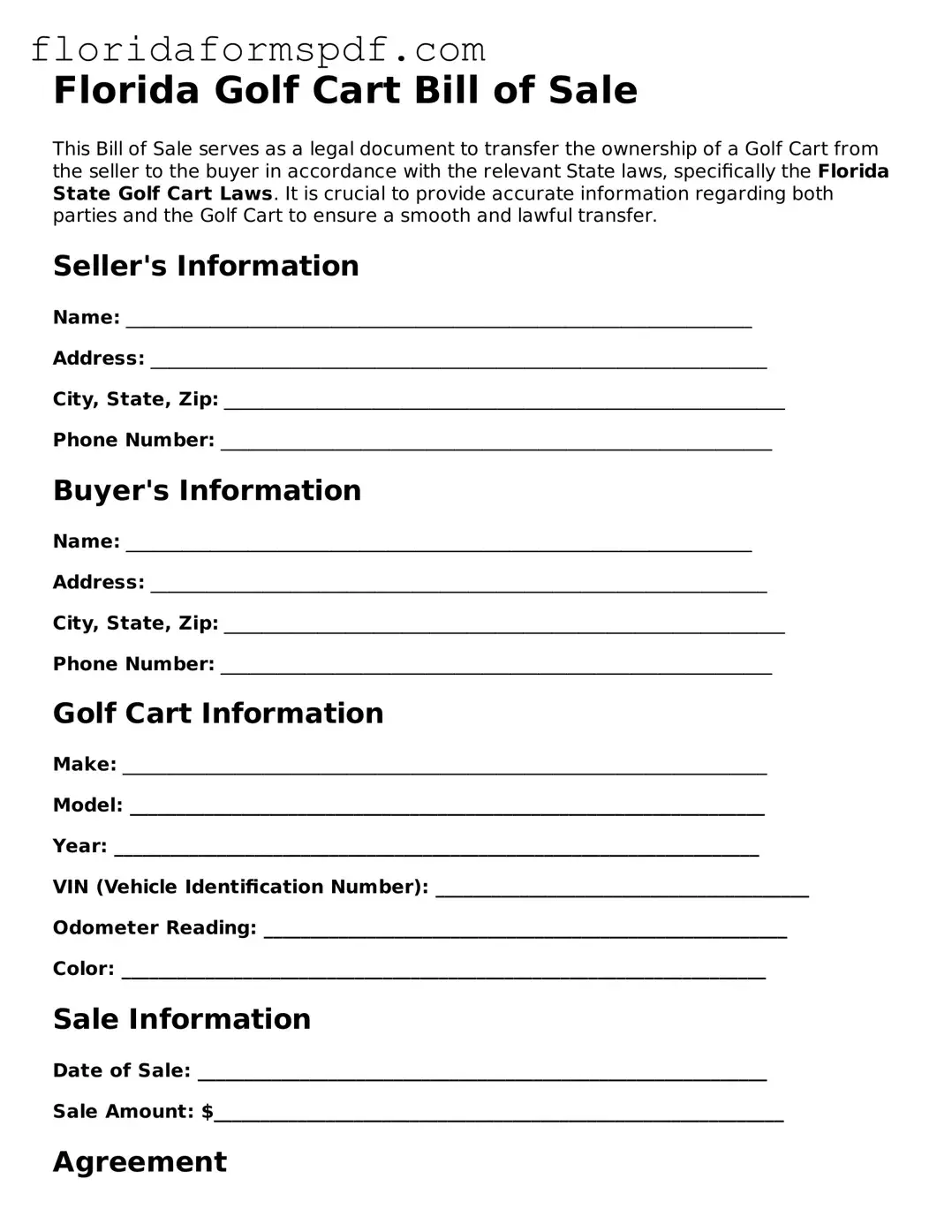 Free  Golf Cart Bill of Sale Template for Florida