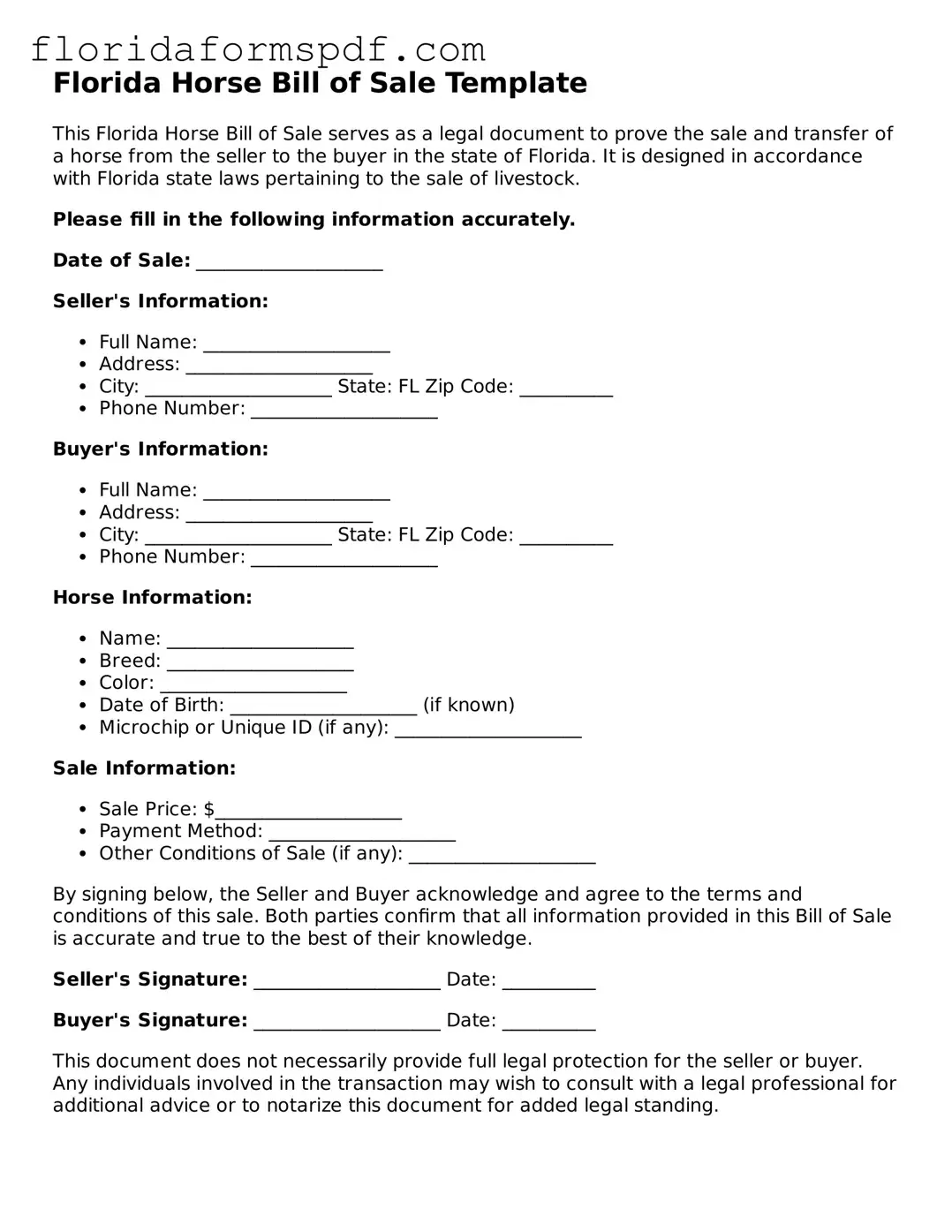 Free  Horse Bill of Sale Template for Florida