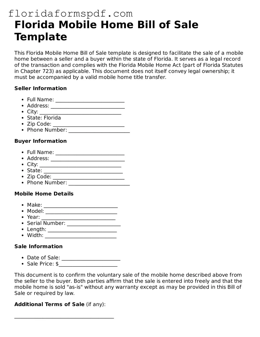 Free  Mobile Home Bill of Sale Template for Florida