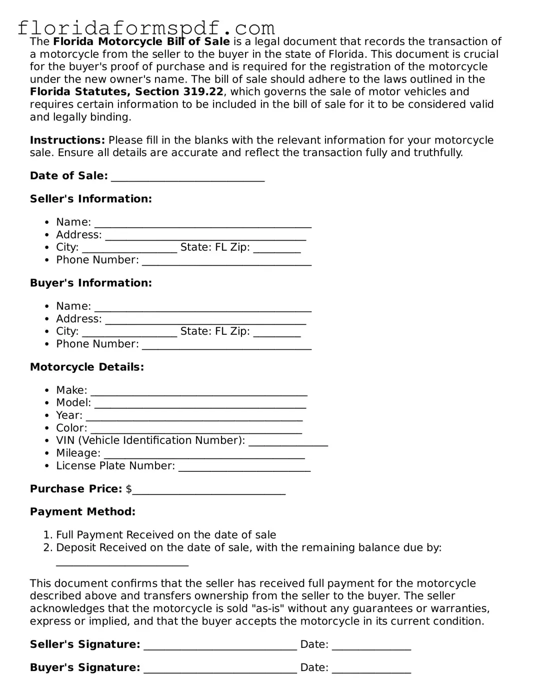 Free  Motorcycle Bill of Sale Template for Florida