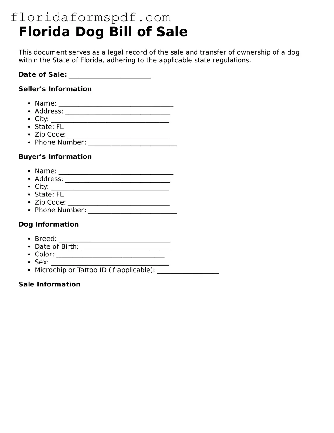 Free  Dog Bill of Sale Template for Florida