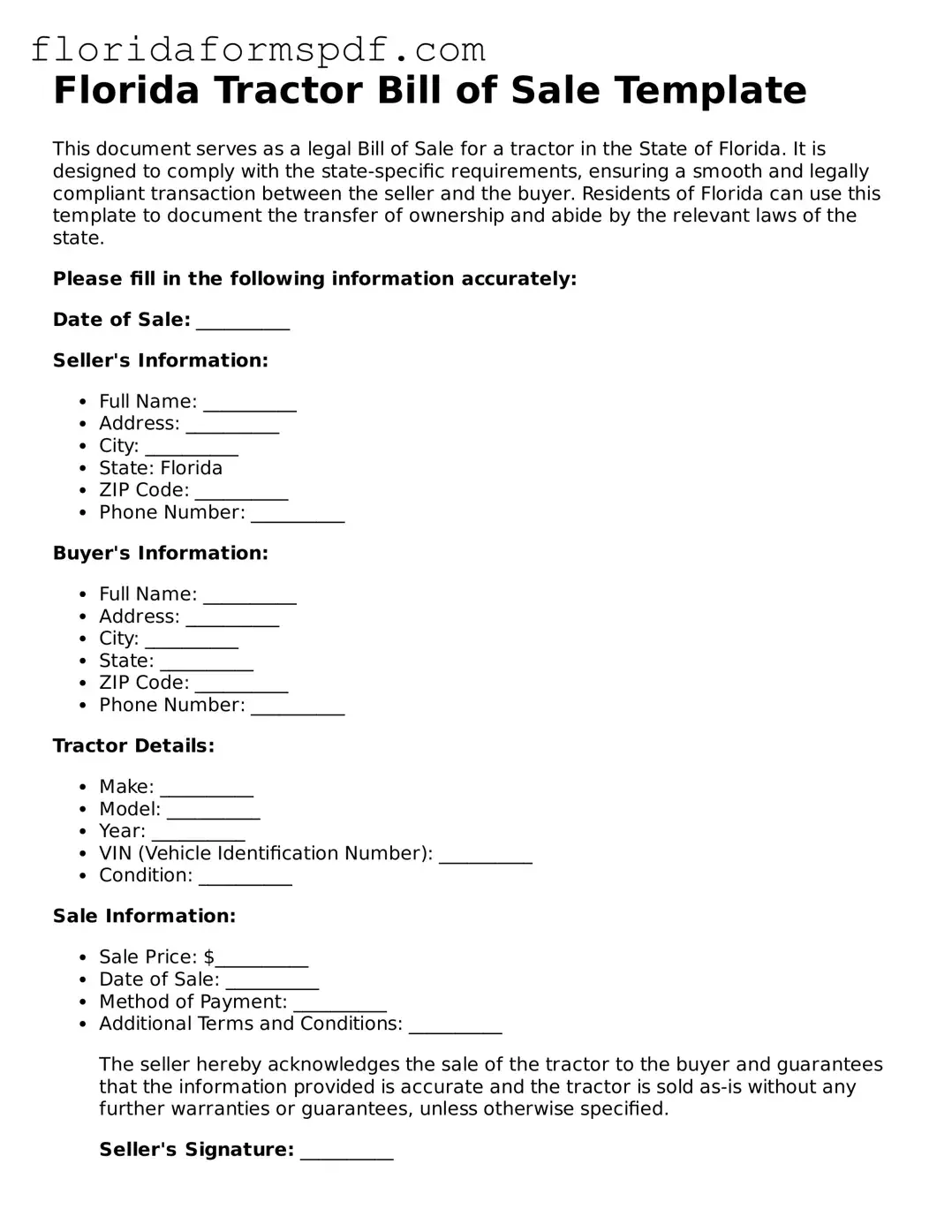 Free  Tractor Bill of Sale Template for Florida