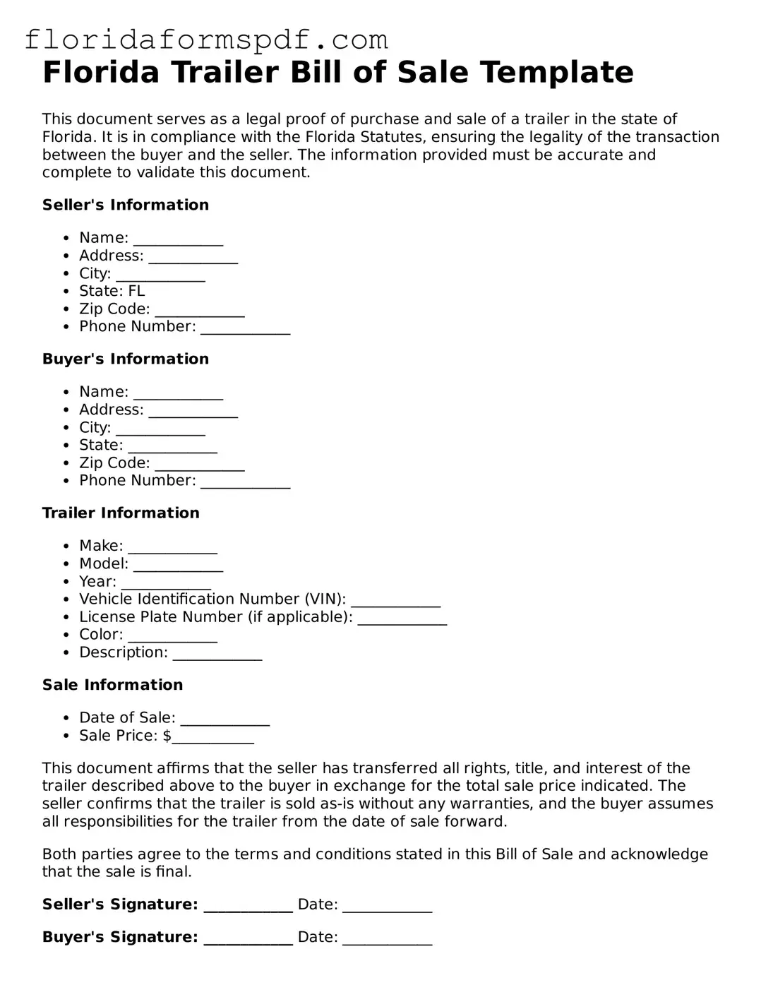 Free  Trailer Bill of Sale Template for Florida