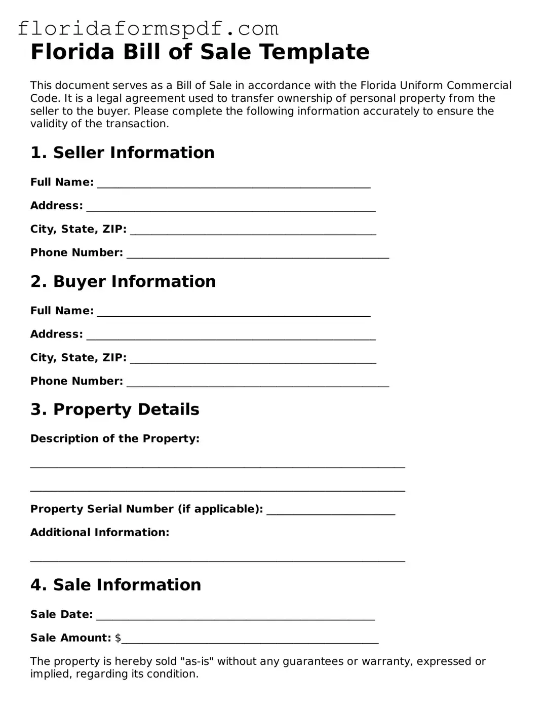 Free  Bill of Sale Template for Florida