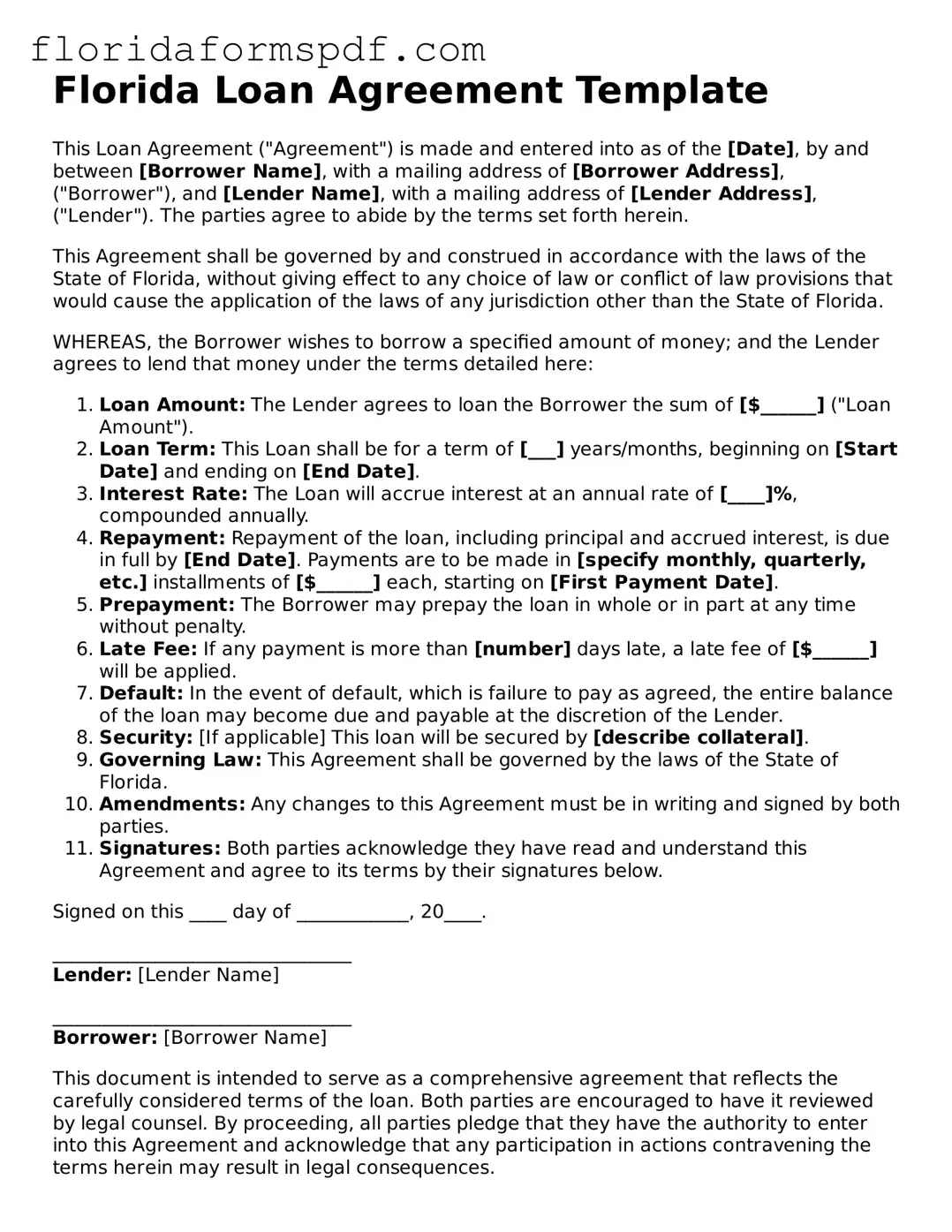 Free  Loan Agreement Template for Florida