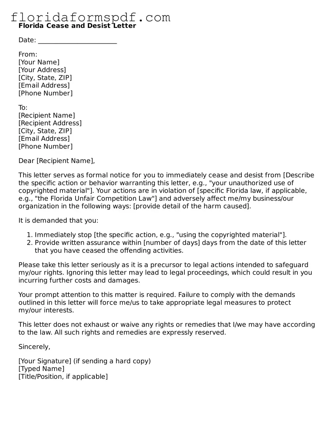 Free  Cease and Desist Letter Template for Florida