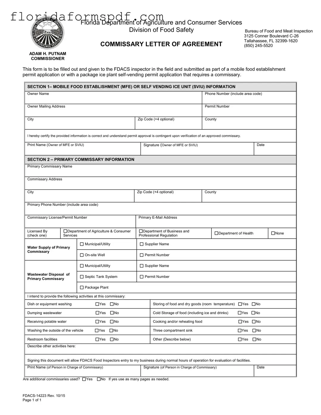 Fill Out a Valid Florida Commissary Letter Of Agreement Template