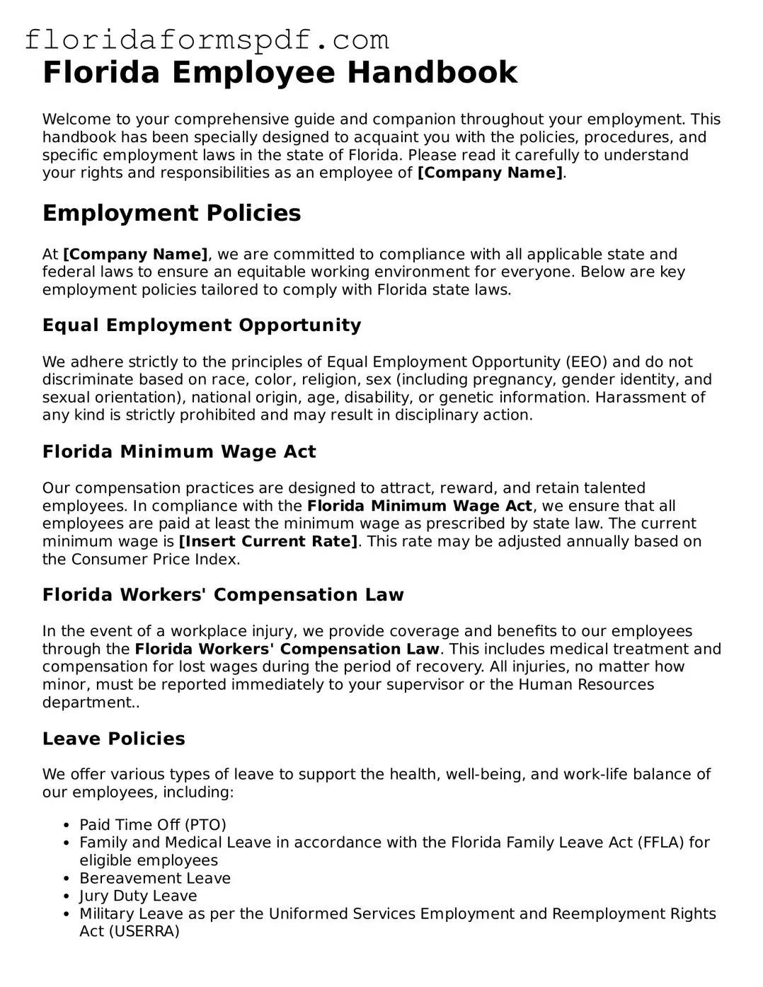 Free  Employee Handbook Template for Florida