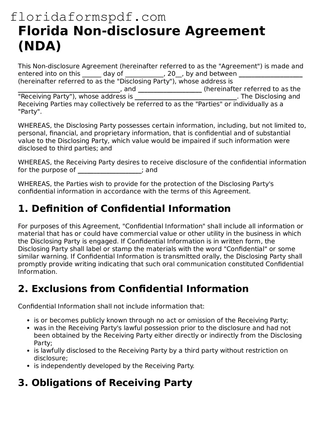 Free  Non-disclosure Agreement Template for Florida