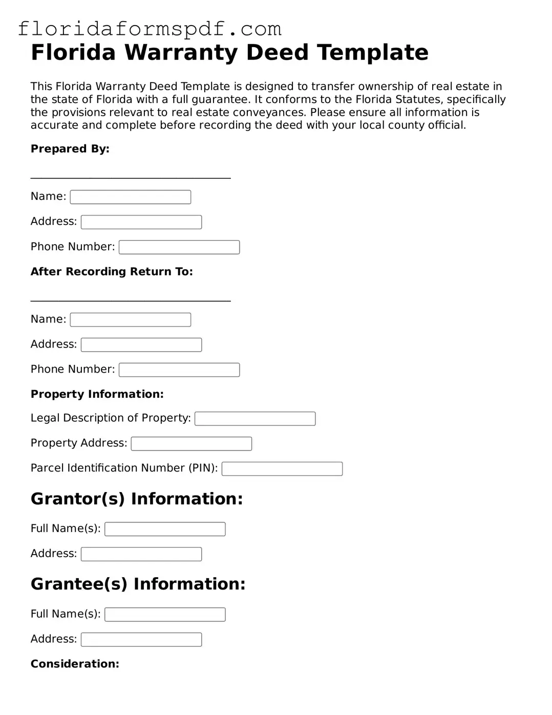 Free  Deed Template for Florida