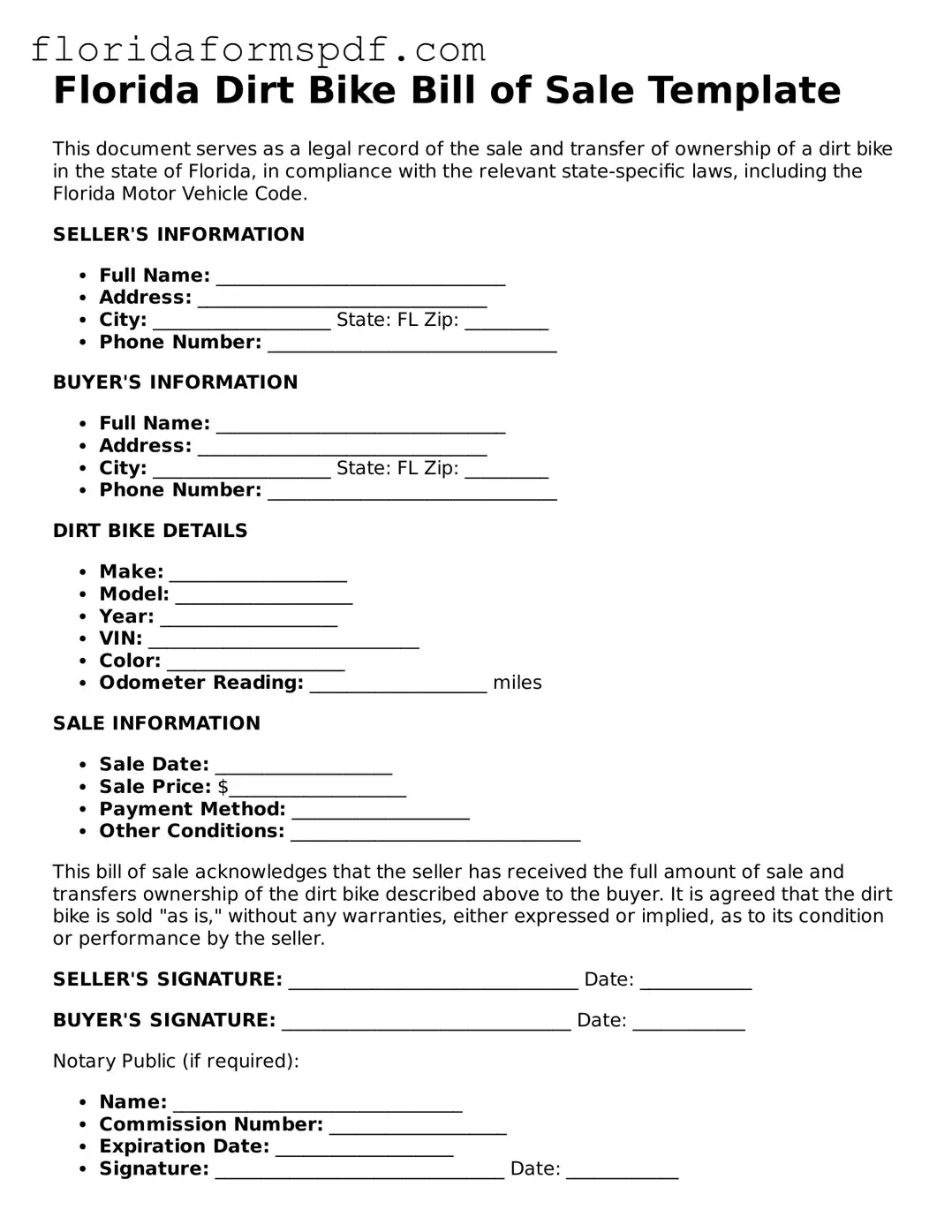 Free  Dirt Bike Bill of Sale Template for Florida
