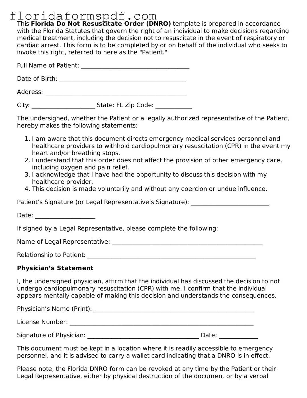 Free  Do Not Resuscitate Order Template for Florida