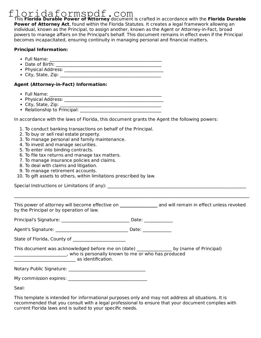 Free  Durable Power of Attorney Template for Florida