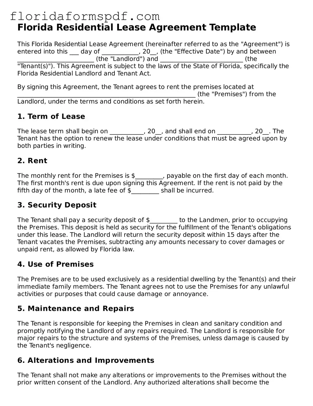 Free  Residential Lease Agreement Template for Florida