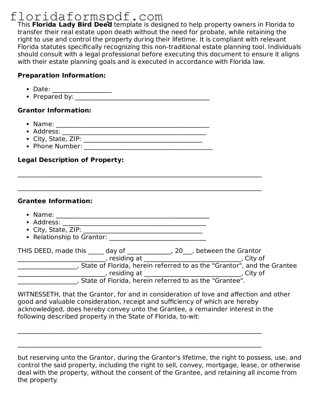 Free  Lady Bird Deed Template for Florida