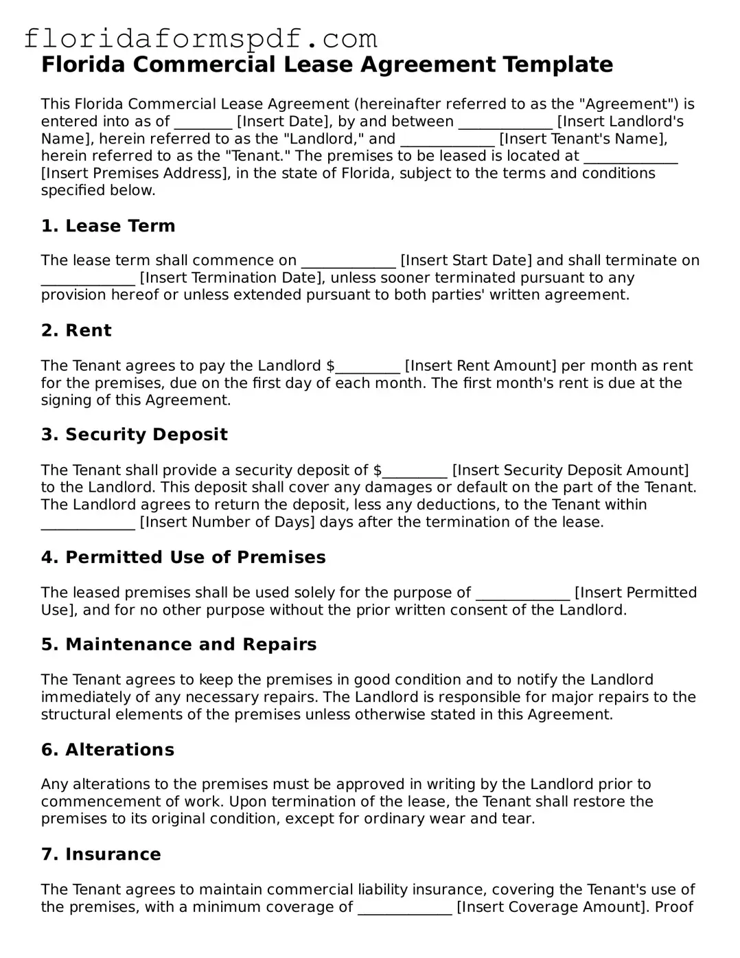 Free  Commercial Lease Agreement Template for Florida