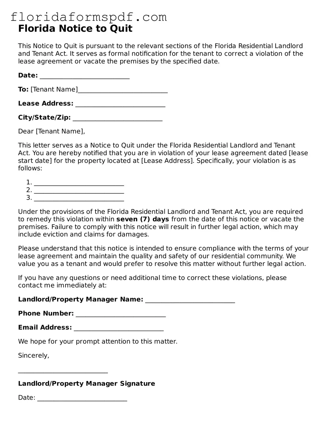Free  Notice to Quit Template for Florida