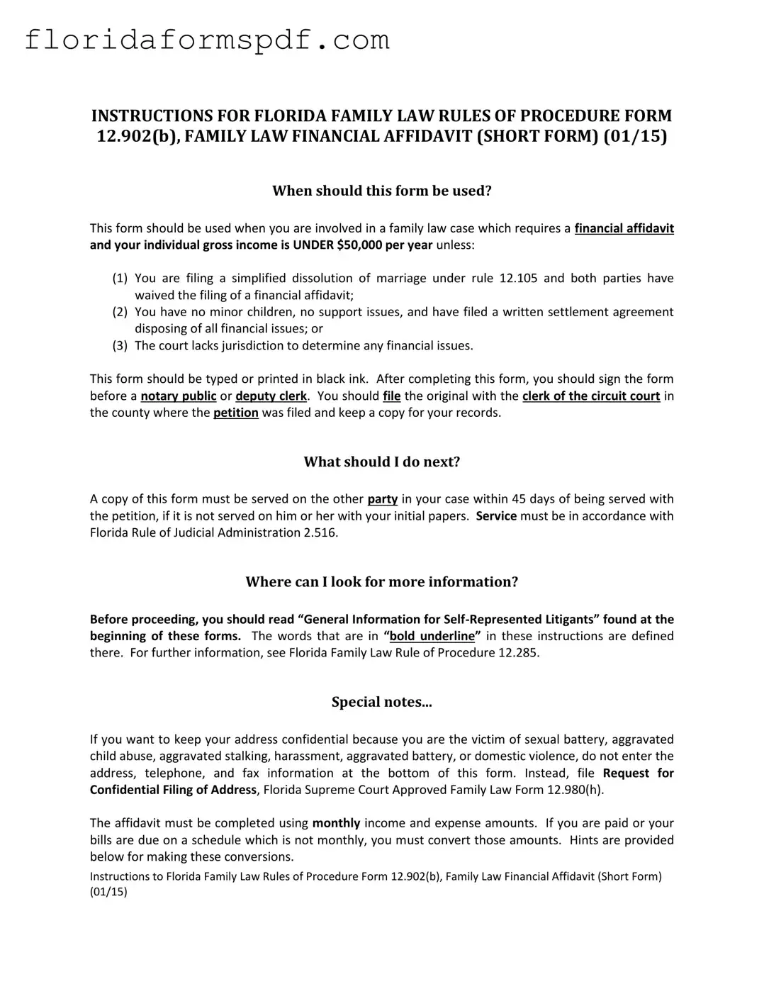 Fill Out a Valid Florida Financial Affidavit Short 12.902(b) Template