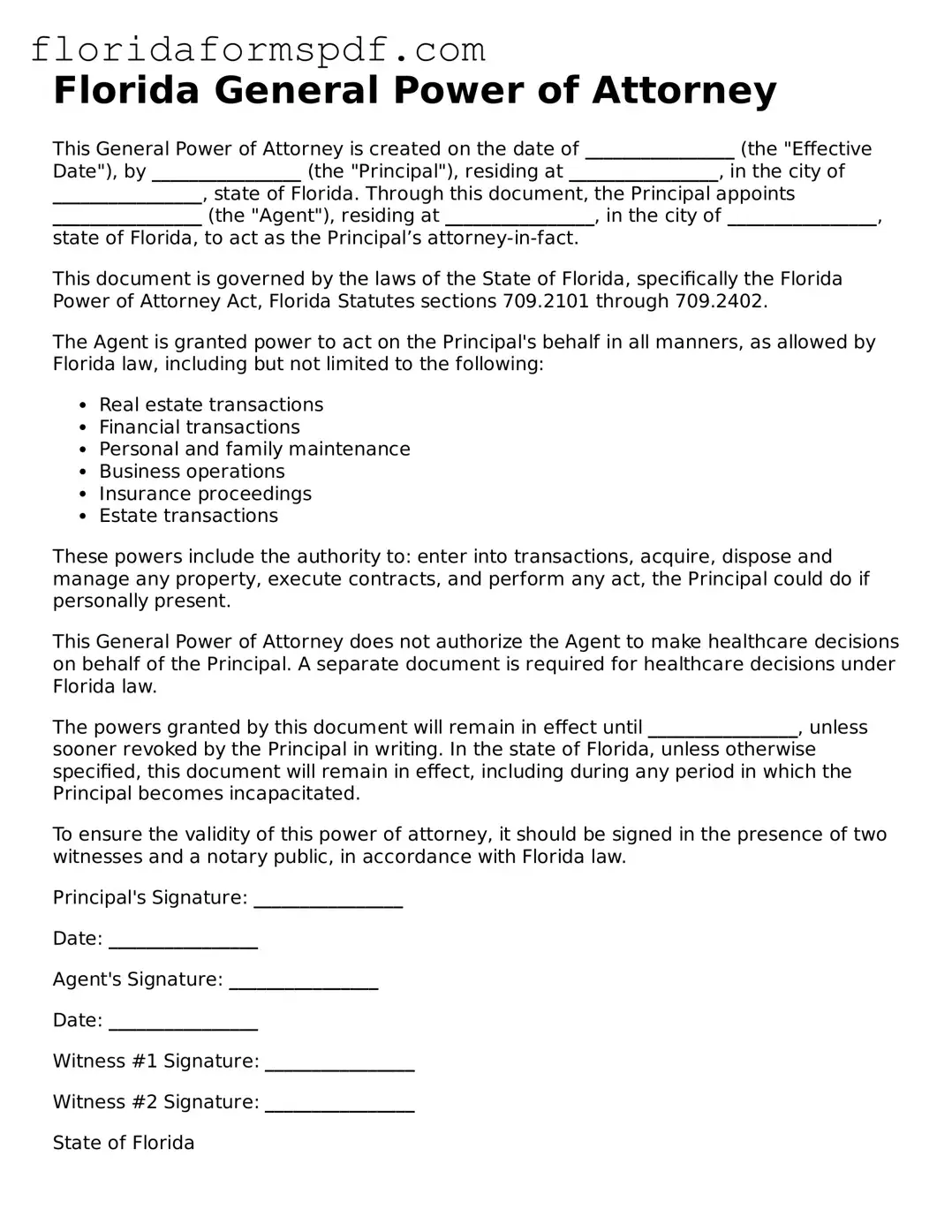 Free  General Power of Attorney Template for Florida