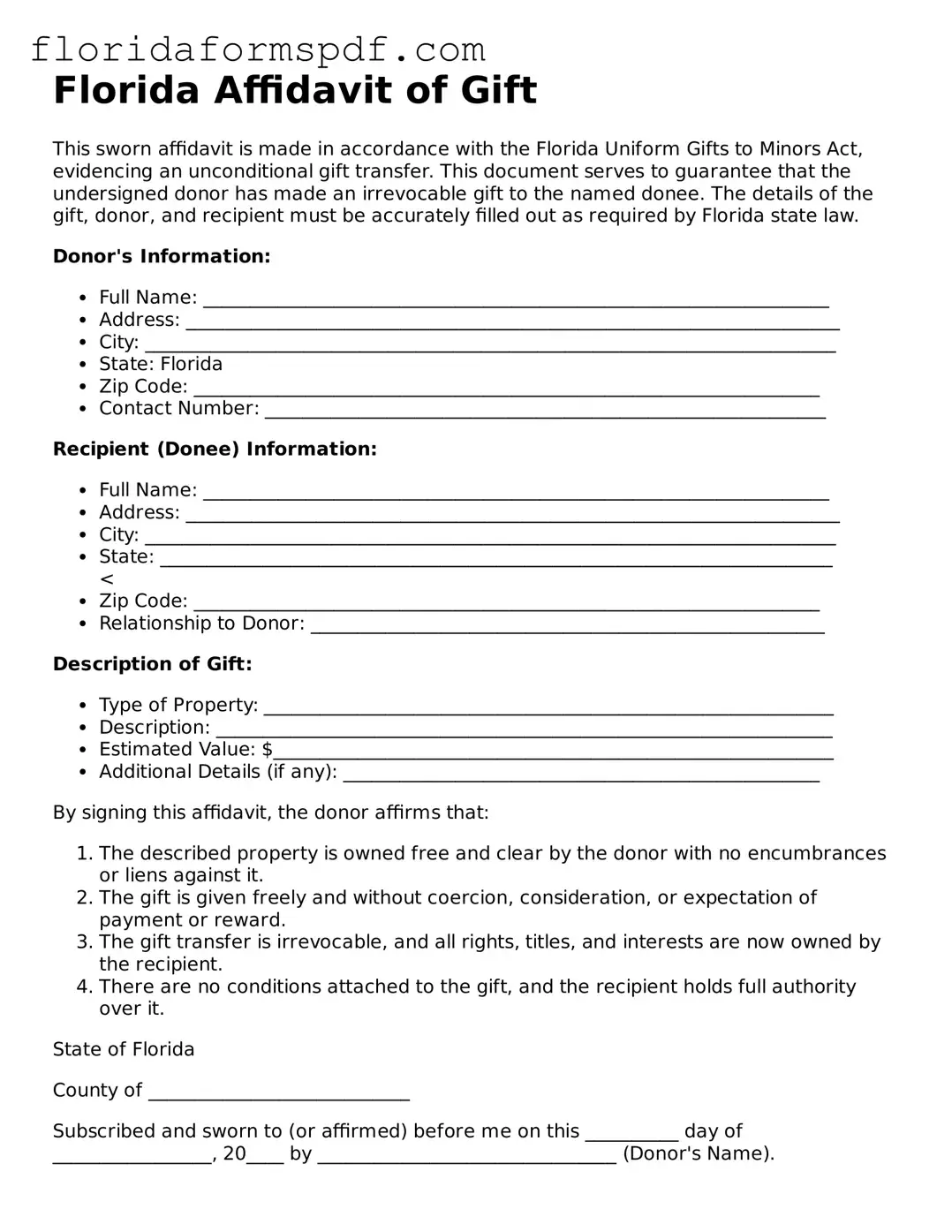 Free  Affidavit of Gift Template for Florida