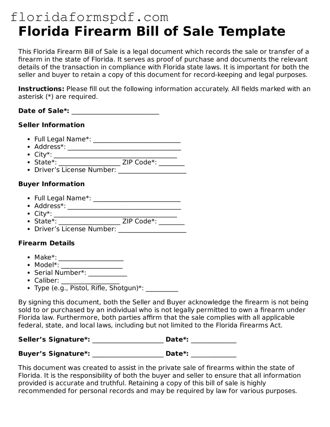 Free  Firearm Bill of Sale Template for Florida