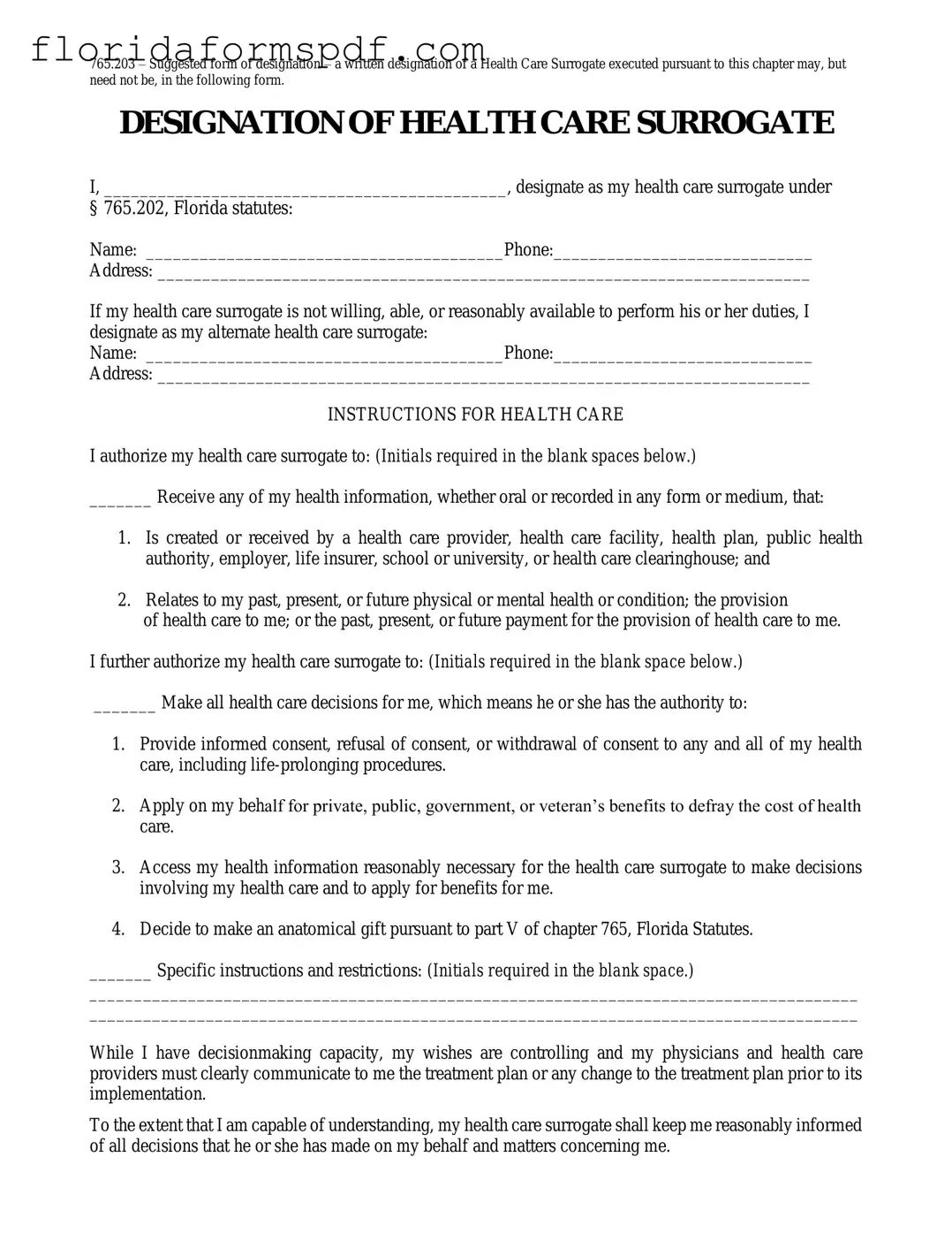 Fill Out a Valid Florida Health Care Surrogate Template