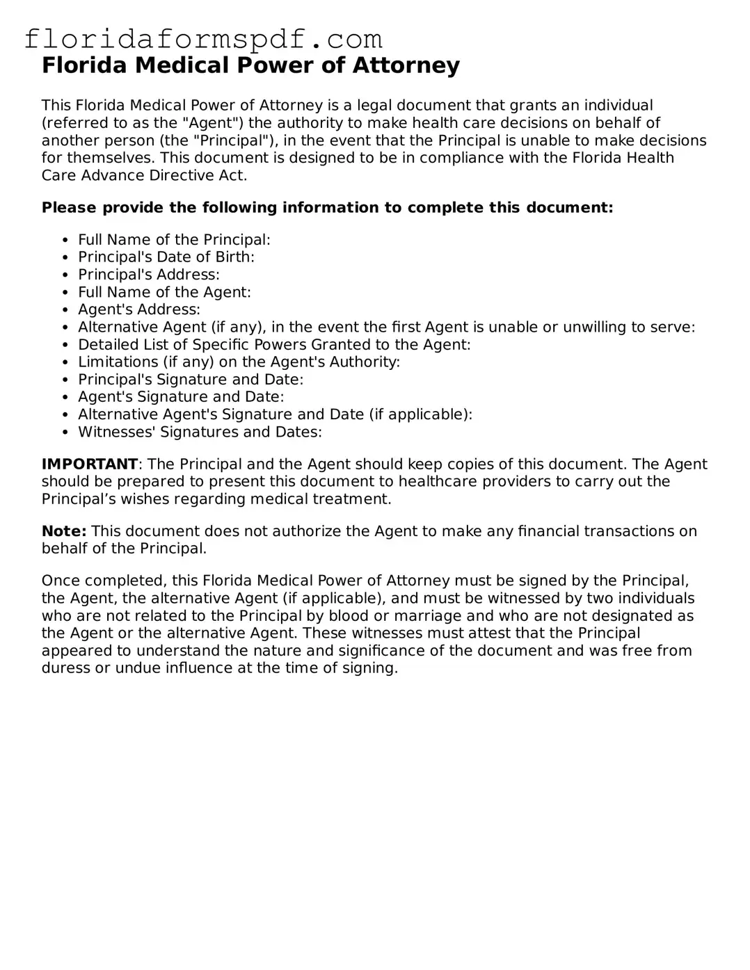 Free  Medical Power of Attorney Template for Florida