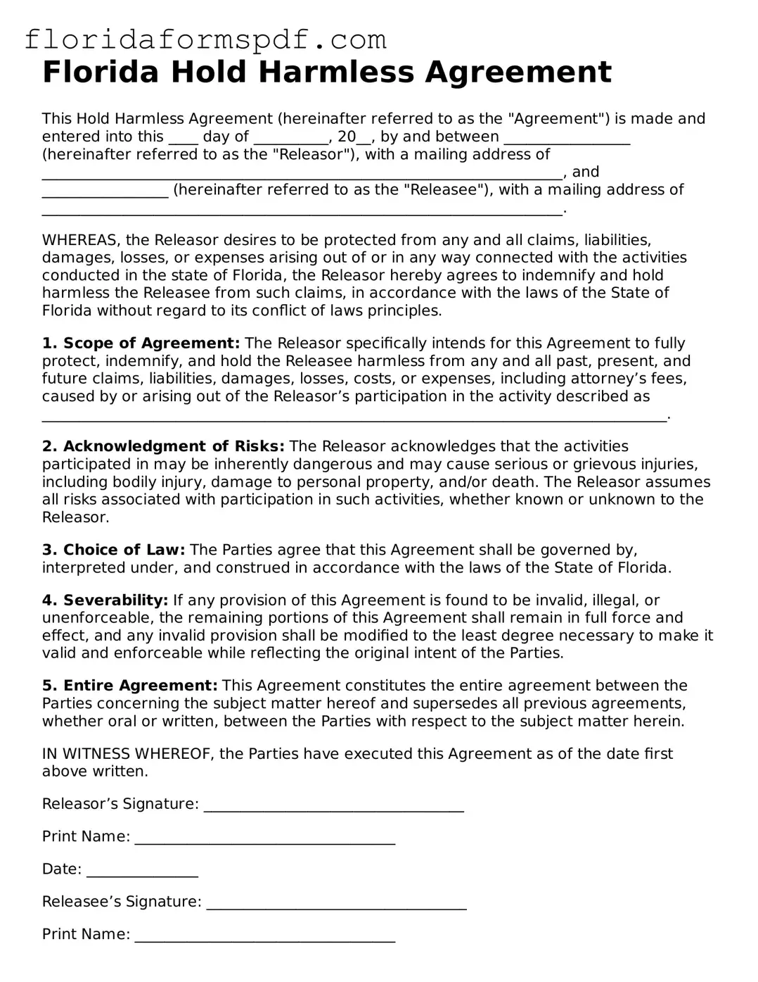 Free  Hold Harmless Agreement Template for Florida