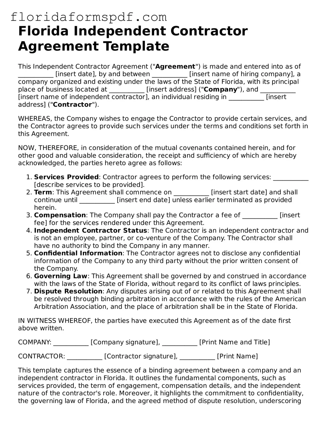 Free  Independent Contractor Agreement Template for Florida