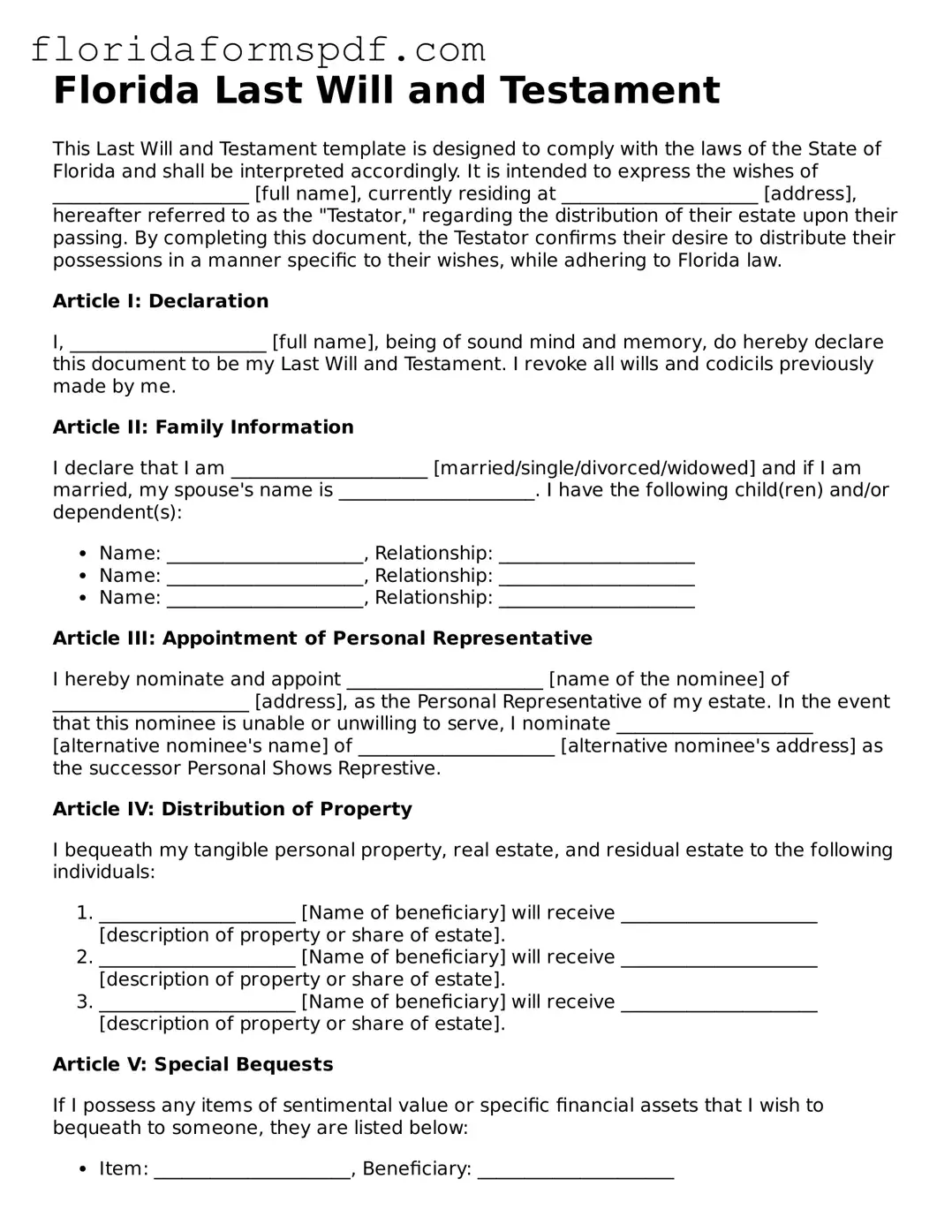 Free  Last Will and Testament Template for Florida
