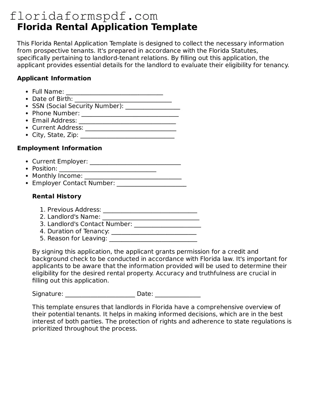 Free  Rental Application Template for Florida
