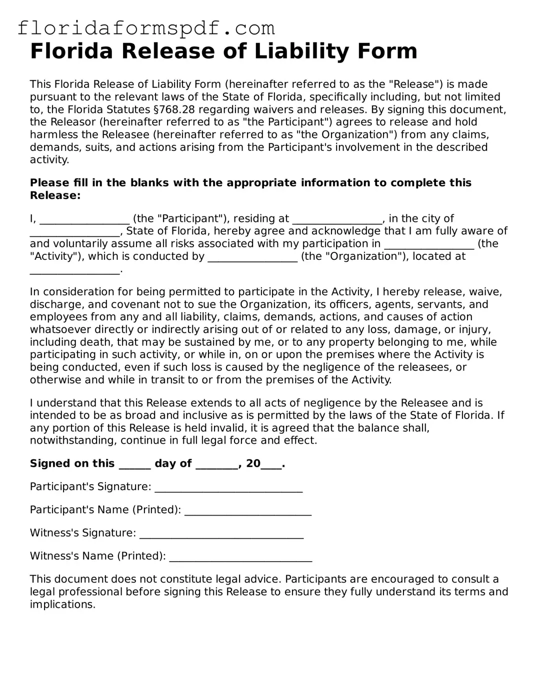 Free  Release of Liability Template for Florida