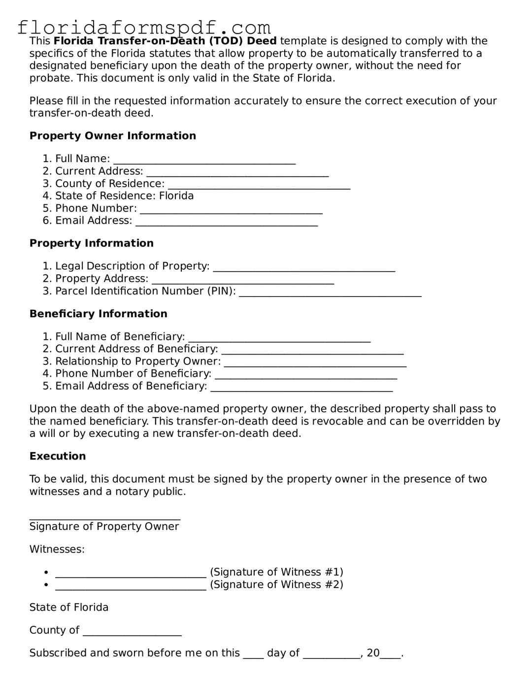 Free  Transfer-on-Death Deed Template for Florida
