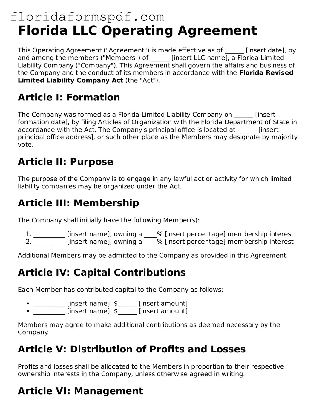Free  Operating Agreement Template for Florida