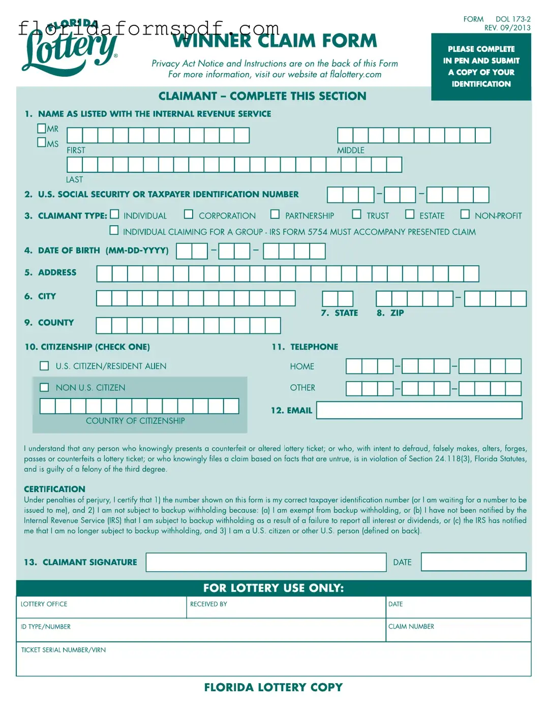 Fill Out a Valid Florida Lottery Claim Template