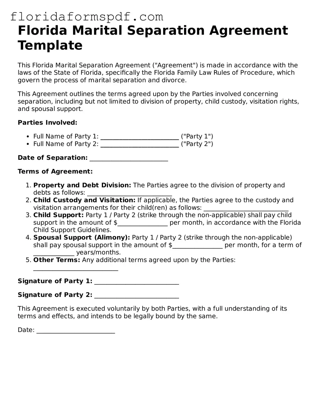 Free  Marital Separation Agreement Template for Florida