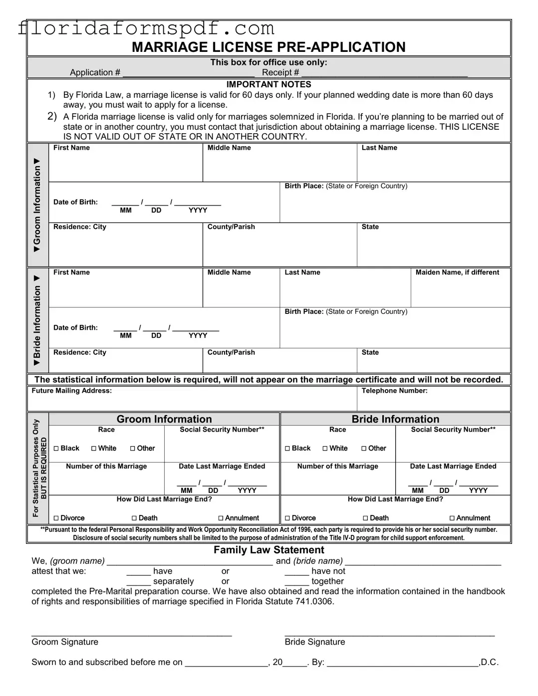 Fill Out a Valid Florida Marriage Application Template