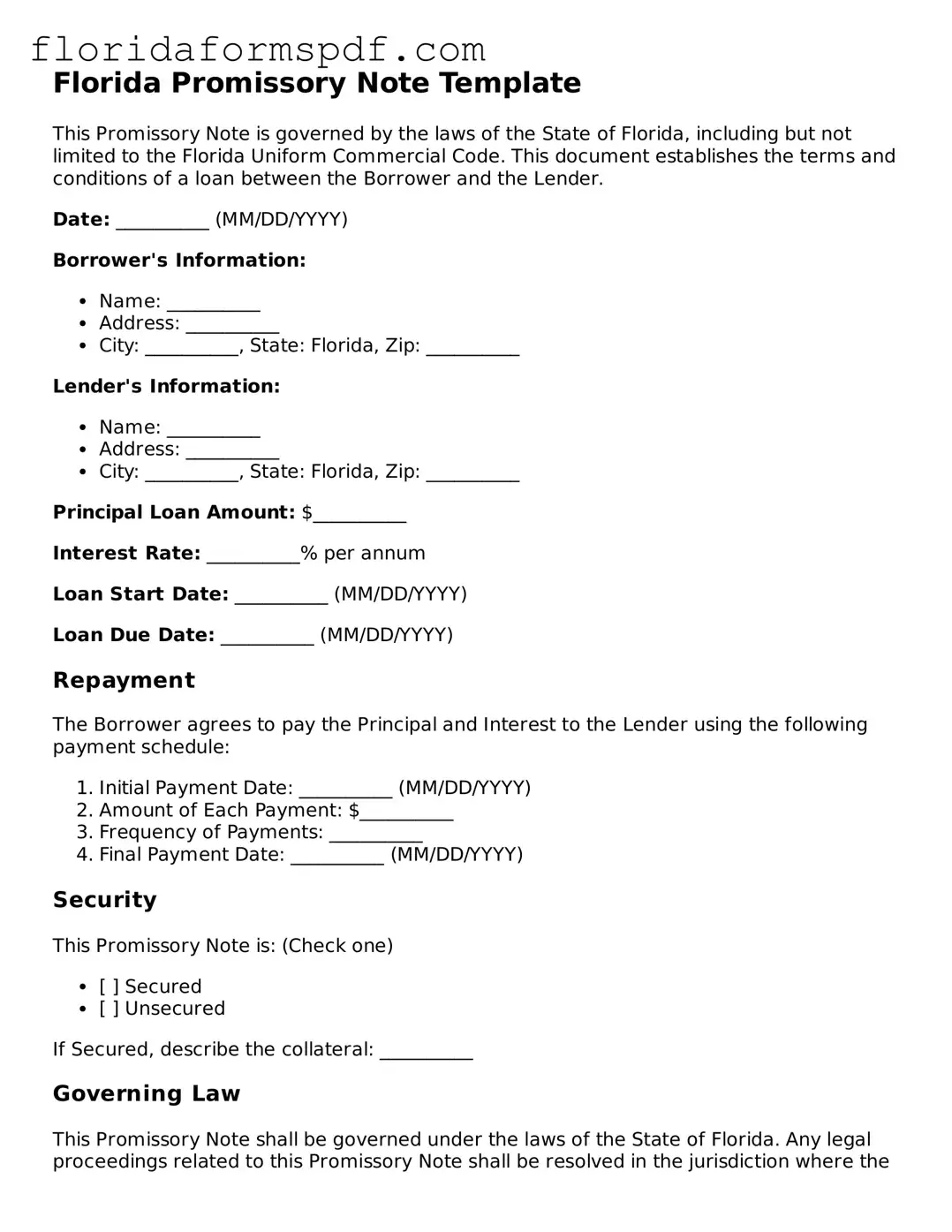 Free  Promissory Note Template for Florida