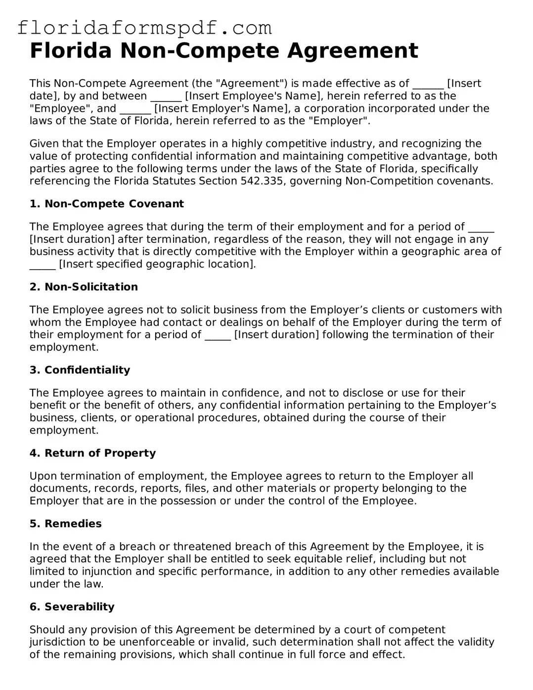Free  Non-compete Agreement Template for Florida