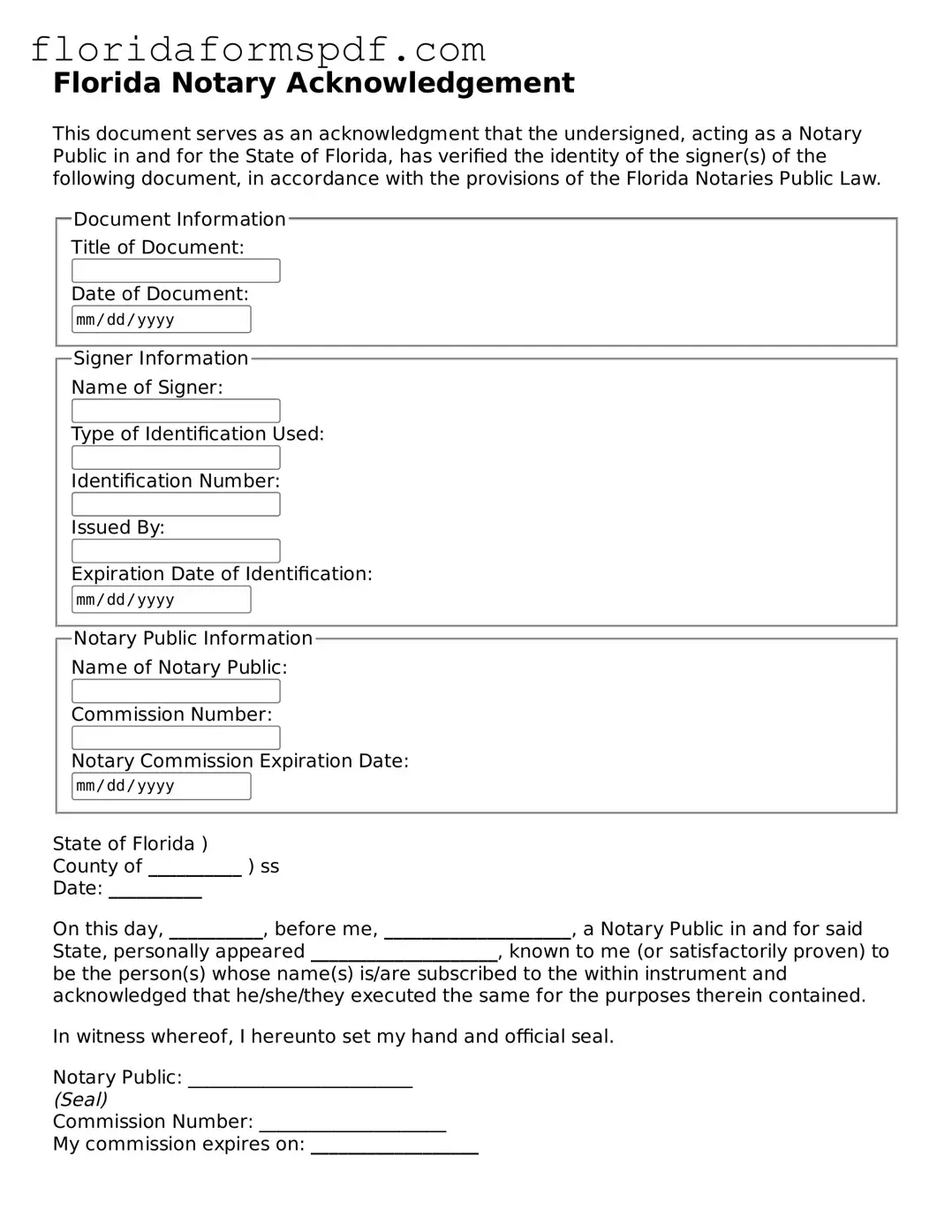 Free  Notary Acknowledgement Template for Florida