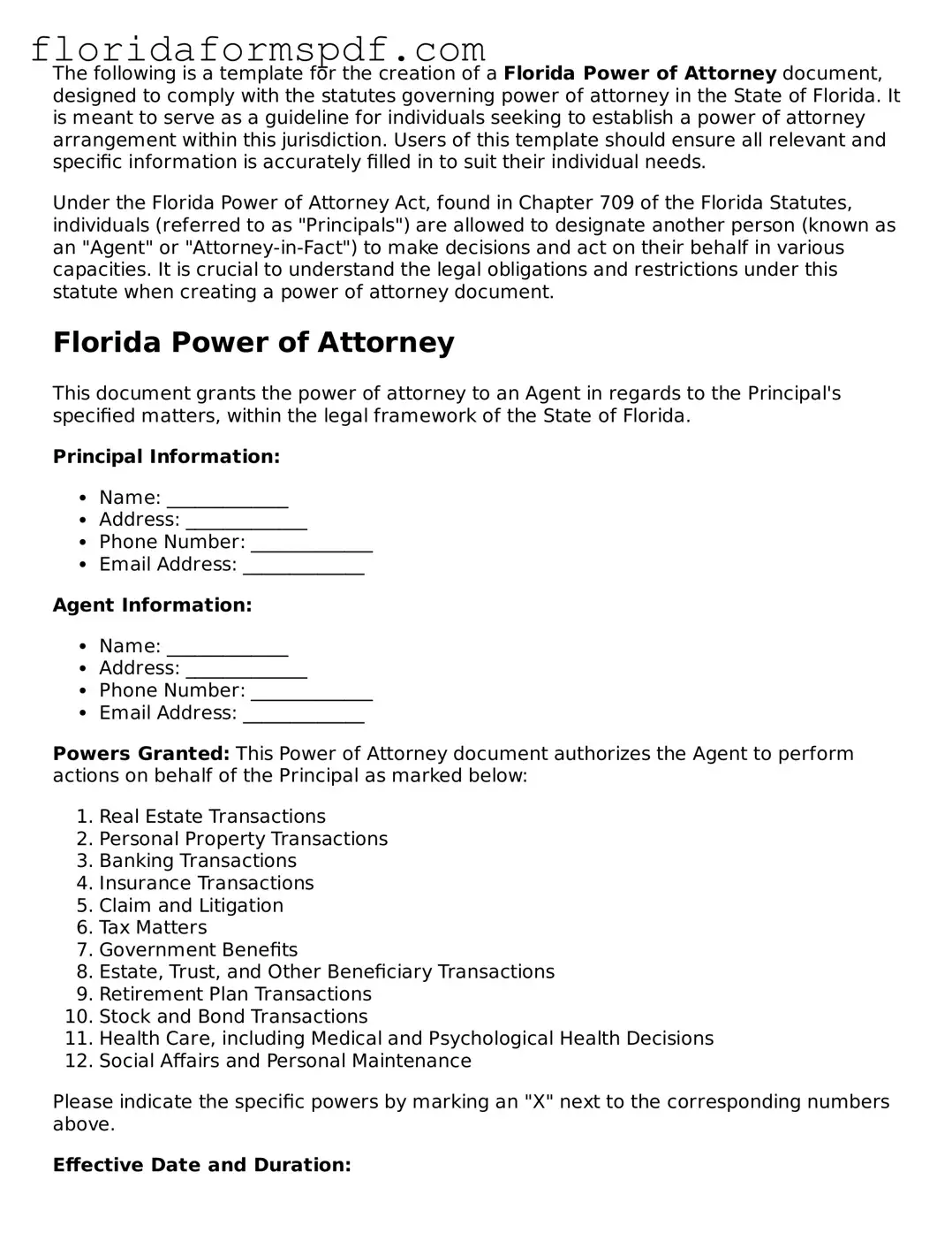 Free  Power of Attorney Template for Florida