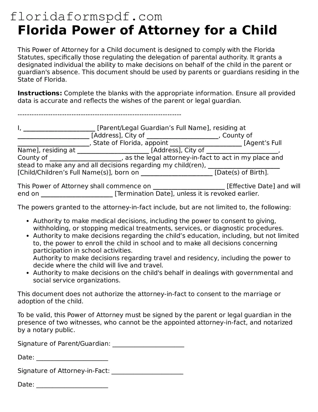 Free  Power of Attorney for a Child Template for Florida